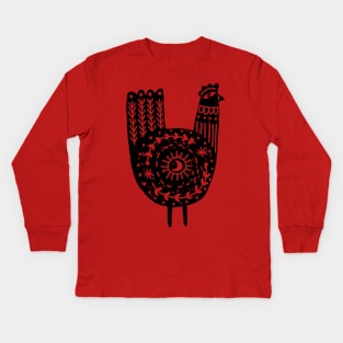 Folk Art Chicken in Black Kids Long Sleeve T-Shirt